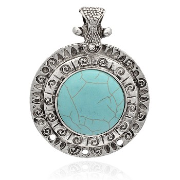 Antique Silver Plated Flat Round Alloy Synthetic Turquoise Chandelier Components Links, Sky Blue, 79x62x13mm, Hole: 5.5mm