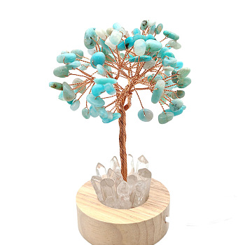 Natural Amazonite Chips Tree Night Light Lamp Decorations, Wooden Base with Copper Wire Feng Shui Energy Stone Gift for Home Desktop Decoration, 120mm
