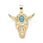 Brass and Synthetic Turquoise Pendants, Cattle Head, Real 18K Gold Plated, 36x35.5x8~8.5mm, Hole: 9.5x6mm(KK-T079-03A-G)