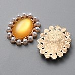 Cat Eye Cabochons, with Alloy Finding and Plstic Imitation Pearl Beads, Oval, Gold, 27.5x23x5mm(FIND-WH0111-292B)