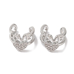 Heart & Word Love Brass Micro Pave Cubic Zirconia Cuff Earrings for Women, Platinum, 11x10mm(EJEW-P281-05P)