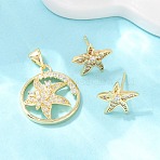 Brass Micro Pave Cubic Zirconia Pendant & Stud Earrings Sets for Women, Real 18K Gold Plated, Starfish, 10x11.5mm, 20x17.5x4mm, Hole: 5x3.5mm(SJEW-F227-01D-G)
