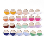 Resin & Wood Stud Earrings, with 304 Stainless Steel Pin, Flat Round, Mixed Color, 15mm, Pin: 0.7mm(EJEW-N017-003A)