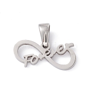 304 Stainless Steel Charms, Laser Cut, Infinity with Word Forever Charms, Stainless Steel Color, 7.5x17x1mm, Hole: 2.5x4.5mm(STAS-G284-04P)