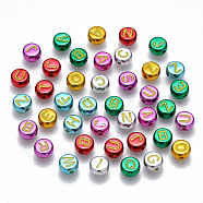 Plating Acrylic Beads, Horizontal Hole, Flat Round with Initial Letter, Mixed Color, Mixed, 7x3.5mm, Hole: 1.2mm(X-MACR-T038-02)