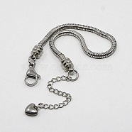 304 Stainless Steel European Round Snake Chains Bracelets, with Lobster Claw Clasp and Heart Charms, Stainless Steel Color, 17cm(6-3/4 inch)x0.3cm(X-STAS-J015-06)