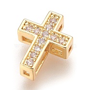 Brass Micro Pave Cubic Zirconia Beads, Cross, Clear, Real 18K Gold Plated, 13x10x4mm, Hole: 1mm(ZIRC-F088-027G)