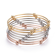 Fashion Tri-color 304 Stainless Steel Bangle Sets, with Round Beads, Multi-color, 2-5/8 inch(6.8cm), 7pcs/set(BJEW-L664-023C-M)