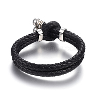 Braided Leather Cord Multi-Strand Bracelets, with 304 Stainless Steel Clasps, Black, Stainless Steel Color, 8-7/8 inches(22.5cm); 12mm(BJEW-E352-42P)