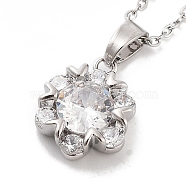 201 Stainless Steel Cable Chain Necklaces, Brass Clear Cubic Zirconia Flower Pendant Necklaces, Stainless Steel Color, 15.83 inch(40.2cm)(NJEW-L124-015P)