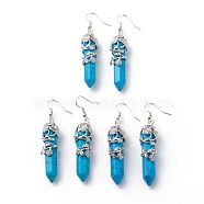 Synthetic Turquoise Bullet with Flower Dangle Earrings, Platinum Tone Brass Jewelry for Women, Cadmium Free & Lead Free, 62~63mm, Pin: 0.6mm(EJEW-G300-02P-08)