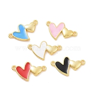 Eco-friendly Rack Plating Brass Enamel Connector Charms, Cadmium Free & Lead Free, Long-Lasting Plated, Double Heart Links, Real 18K Gold Plated, Mixed Color, 10.5x17.5x2mm, Hole: 1mm(KK-F843-01G)
