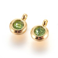 304 Stainless Steel Rhinestone Charms, July Birthstone Charms, Flat Round, Peridot, 9.3x6.5x4mm, Hole: 2mm(STAS-P237-10G-04)