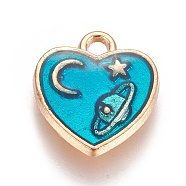 Zinc Alloy Charms, with Enamel, Heart with Moon and Star, Light Gold, Dodger Blue, 12.5x11.5x2mm, Hole: 1.6mm(X-ENAM-I023-02KCG-01)