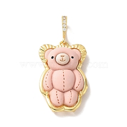 Opaque Resin Pendants, Large Hole Pendant, with Real 18K Gold Plated Brass Findings & Clear Cubic Zirconia, Cadmium Free & Lead Free, Bear, Pink, 31.5x20.5x9.5mm, Hole: 4.5x7mm(KK-G406-05G-01)