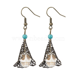 Synthetic Turquoise Dangle Earrings, with Brass Cone and Iron Earring Hooks, Spider & Web, for Halloween, Antique Bronze, 54x20mm(EJEW-JE05793)