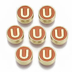 Alloy Enamel Beads, Cadmium Free & Nickel Free & Lead Free, Flat Round with Initial Letters, Light Gold, Letter.U, 8x4mm, Hole: 1.5mm(X-ENAM-S122-028U-NR)