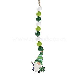 Saint Patrick's Day Wood Gnome Pendant Decoration, with Wood Beaded Jute Cord Hanging Decoration, Clover, 284mm, pendant: 74x48.5x2.5mm(HJEW-G023-01B)