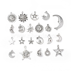 Tibetan Style Alloy Pendants, Star & Moon & Sun Charms, Antique Silver, 13~32x11~25x1~3mm, Hole: 1.4~2mm, 20pcs/set(PALLOY-B014-03)
