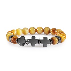 Volcanic Lava Stone Beaded Bracelet with Cross Pendant Tiger Eye Yoga(ED3000-9)