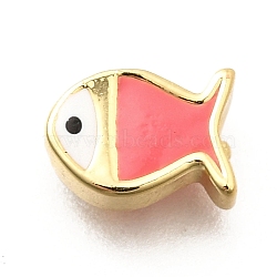 Brass Enamel Beads, Rack Plating, Cadmium Free & Lead Free, Long-Lasting Plated, Real 18K Gold Plated, Fish, Hot Pink, 6x8.5x3.5mm, Hole: 1mm(KK-P295-47G-03)