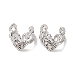 Heart & Word Love Brass Micro Pave Cubic Zirconia Cuff Earrings for Women, Platinum, 11x10mm(EJEW-P281-05P)