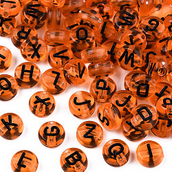 Transparent Acrylic Beads, Horizontal Hole, Flat Round with Black Random Letter, Coral, 7x4mm, Hole: 1.8mm, about 3600~3700pcs/500g(MACR-T038-08A)