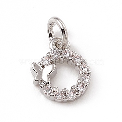 Brass Micro Pave Clear Cubic Zirconia Charms, with Open Jump Rings, Flat Round with Butterfly, Platinum, 9.5x8x2mm, Jump Ring: 4.5x0.7mm, Inner Diameter: 3mm (ZIRC-F132-55P)