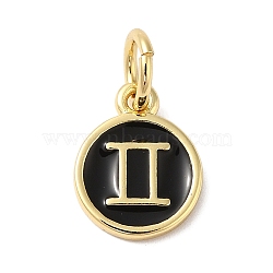 Real 18K Gold Plated Brass Enamel Charms, with Jump Ring, Long-Lasting Plated, Lead Free & Cadmium Free, Flat Round with Gemini Charms, Black, 10x8x1mm, Hole: 4mm(KK-L216-001G-I01)