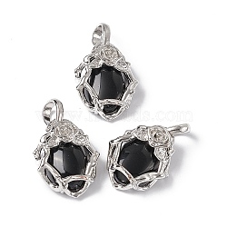 Natural Obsidian Pendants, Oval Charms, with Platinum Tone Brass Rose Findings, Cadmium Free & Nickel Free & Lead Free, 25~26x19~19.5x9~9.5mm, Hole: 7.5x5.5mm(G-P484-03P-04)