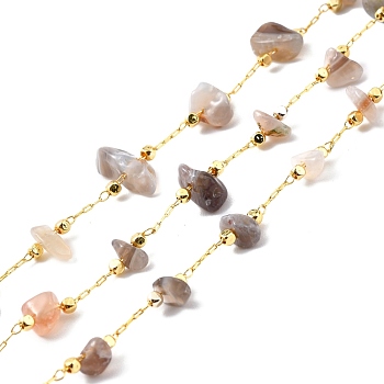 Handmade Beaded Chain, with Brass Cable Chain & Chip Natural Botswana Agate Link Chain, Long-Lasting Plated, Soldered, Golden, 3~8x3~16mm, 32.80Feet/roll(10m/roll)