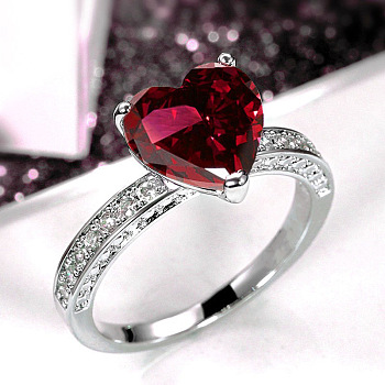 Brass Micro Pave Cubic Zirconia Finger Rings for Women, Heart, Platinum, Dark Red, US Size 8(18.1mm)