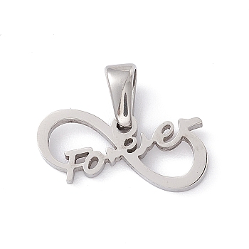 304 Stainless Steel Charms, Laser Cut, Infinity with Word Forever Charms, Stainless Steel Color, 7.5x17x1mm, Hole: 2.5x4.5mm