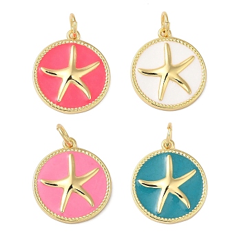 Rack Plating Brass Enamel Pendants, with Jump Ring, Long-Lasting Plated, Lead Free & Cadmium Free, Real 18K Gold Plated, Flat Round with Starfish Charm, Mixed Color, 17.5x15x1.5mm, Hole: 3mm