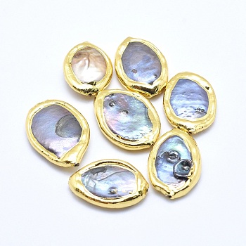 Natural Cultured Freshwater Pearl Beads, with Electroplated Polymer Clay, Oval, Golden, 17~24x14~16x3~5mm, Hole: 0.8~1mm