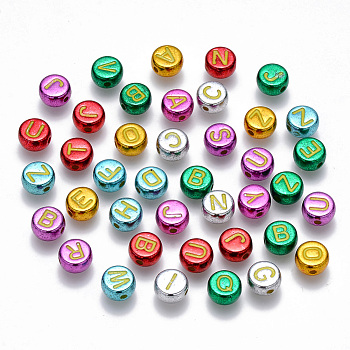 Plating Acrylic Beads, Horizontal Hole, Flat Round with Initial Letter, Mixed Color, Mixed, 7x3.5mm, Hole: 1.2mm