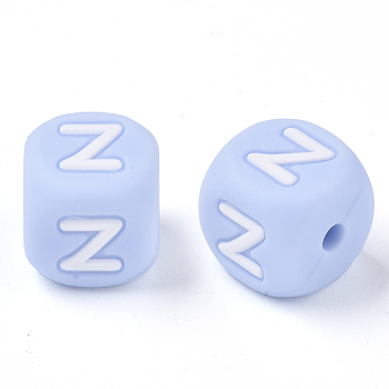 Food Grade Eco-Friendly Silicone Beads, Horizontal Hole, Chewing Beads For Teethers, DIY Nursing Necklaces Making, Letter Style, Cube, Light Sky Blue, Letter.Z, 10x10x10mm, Hole: 2mm