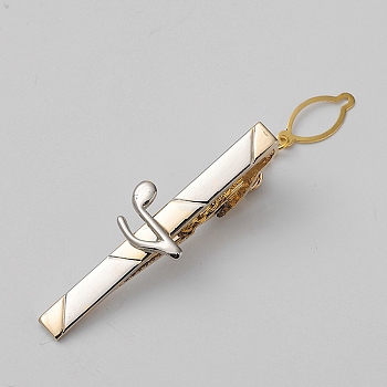Brass Collar Tie Clips with Chain for Men, Golden & Silver, Rectangle, 60x17mm