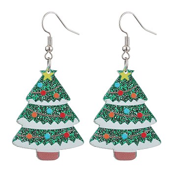 Acrylic Dangle Earrings, with Iron Earring Hooks, Christmas Tree, Green, 58x28mm