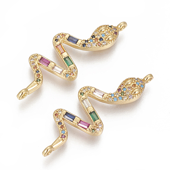 Brass Micro Pave Cubic Zirconia Links, Cadmium Free & Lead Free, Snake, Colorful, Golden, 35x13x2.5mm, Hole: 1.2mm