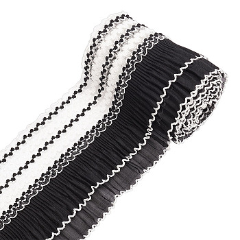 2-Layer Polyester Chiffon Lace Trim, Pleated Lace Ribbon for Costume Decoration, Black, 4-5/8 inch(116mm), 2 yards/pc