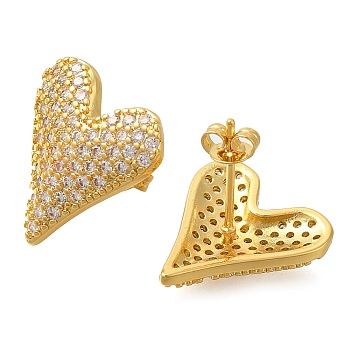 Rack Plating Heart Brass Pave Clear Cubic Zirconia Stud Earrings, Lead Free & Cadmium Free, Long-Lasting Plated, Real 18K Gold Plated, 17.5x16.5mm