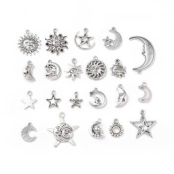 Tibetan Style Alloy Pendants, Star & Moon & Sun Charms, Antique Silver, 13~32x11~25x1~3mm, Hole: 1.4~2mm, 20pcs/set
