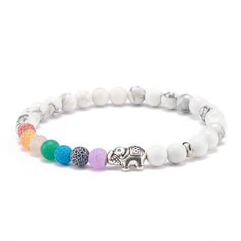 Natural Howlite & Agate Round Beaded Stretch Bracelet with Alloy Elephant, Gemstone Jewelry for Women, Inner Diameter: 2-1/8 inch(5.5cm)