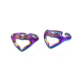 Ion Plating(IP) Rainbow Color 304 Stainless Steel Heart Gesture Open Cuff Ring for Women, US Size 6 1/2(16.9mm)