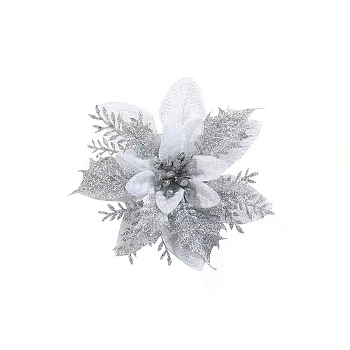 Christmas Thmem Plastic Artificial Flower, with Glitter Powder, Silver, 130mm