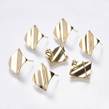 Brass Stud Earring Findings, with Loop, Square, Real 18K Gold Plated, 16x16x1mm, Hole: 2mm, Pin: 0.5mm
