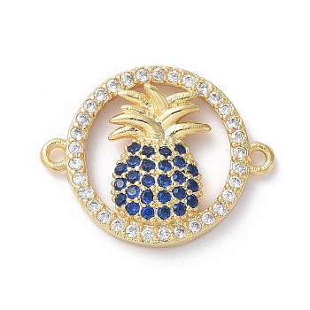 Brass Micro Pave Cubic Zirconia Links connectors, Ring and Pineapple, Blue, Golden, 15x19x3mm, Hole: 1.2mm