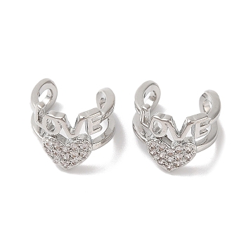 Heart & Word Love Brass Micro Pave Cubic Zirconia Cuff Earrings for Women, Platinum, 11x10mm