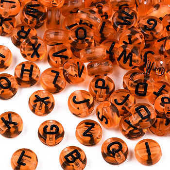 Transparent Acrylic Beads, Horizontal Hole, Flat Round with Black Random Letter, Coral, 7x4mm, Hole: 1.8mm, about 3600~3700pcs/500g